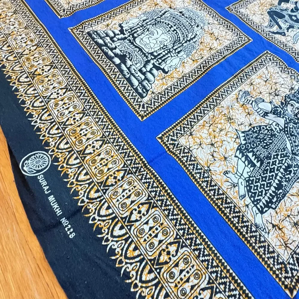 Vintage Suraj Mukhi Fabric Remnant Blue Hindu Motif Cotton Textile